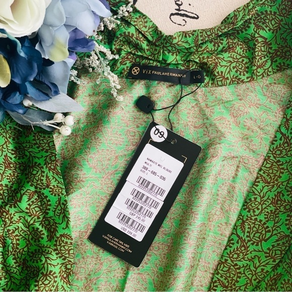 NWT ViX By Paula Hermany Namaste Mel Tie Crop Blouse in Green Multi, Size Large - Picture 8 of 10